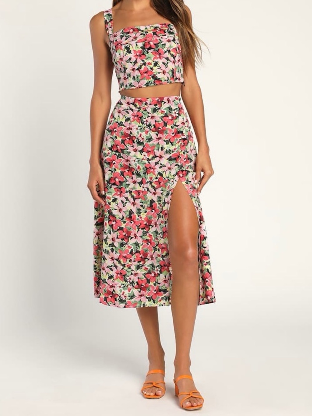 Lulus Floral Fancies Pink Multi Floral Slit Midi Skirt - Size S